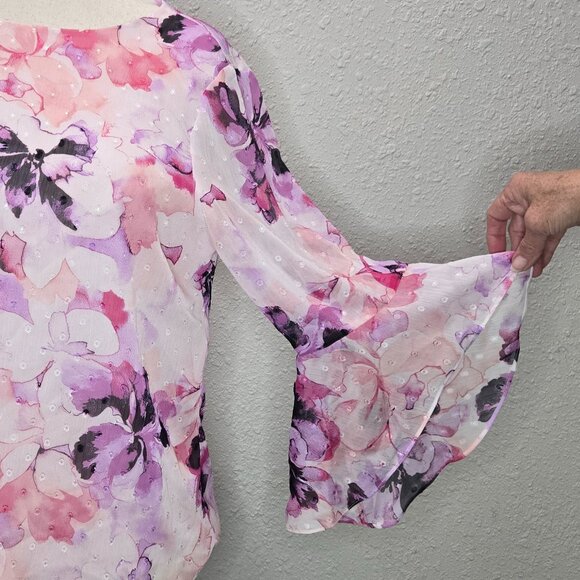 Pink Floral Chiffon Blouse with lining by Kasper Sz Lg, Excellent Pre-Owned Cond - Picture 3 of 6